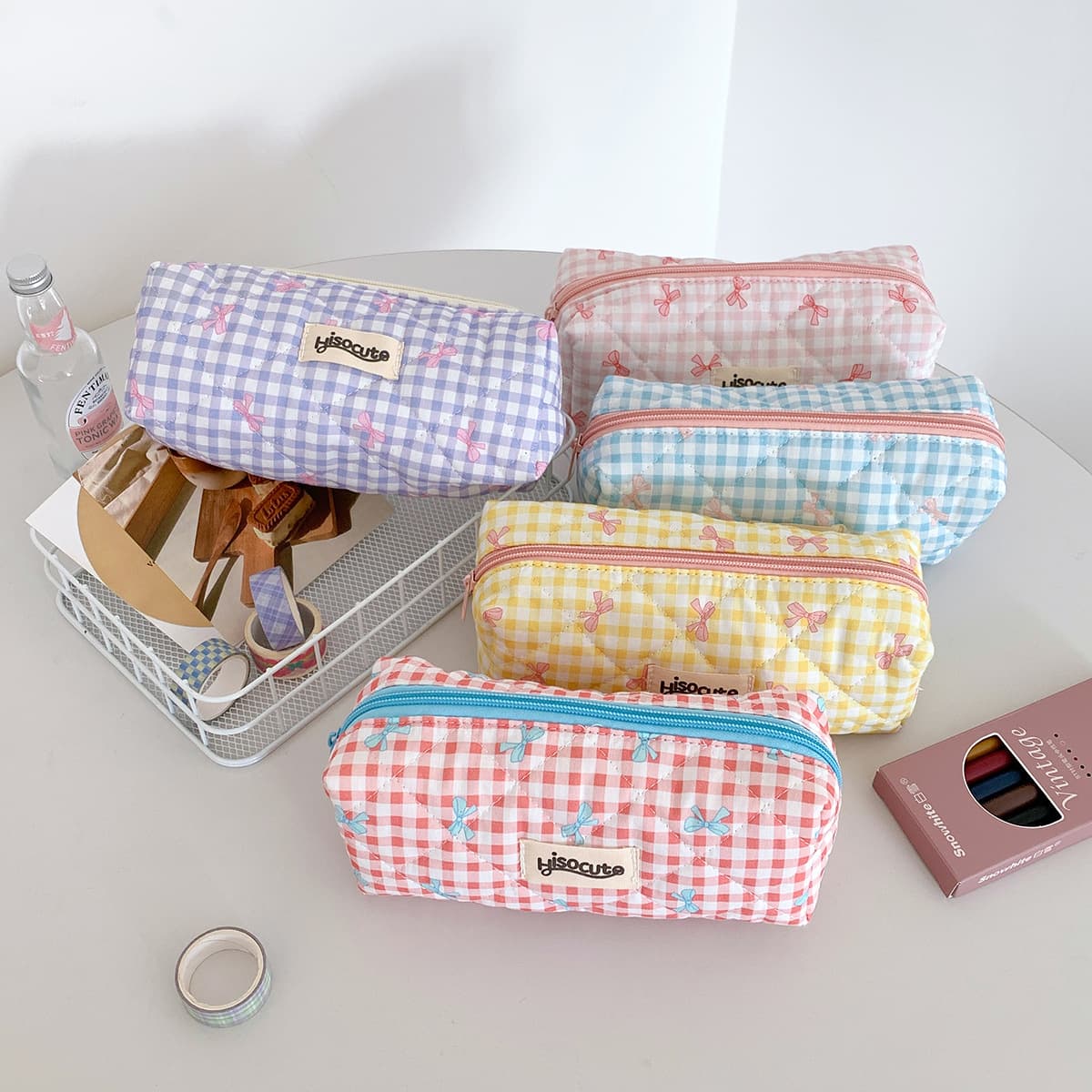 Korean-style Bow Grid Makeup Bag, Simple and High-value Makeup Brush Organizer Pencil Case for Students