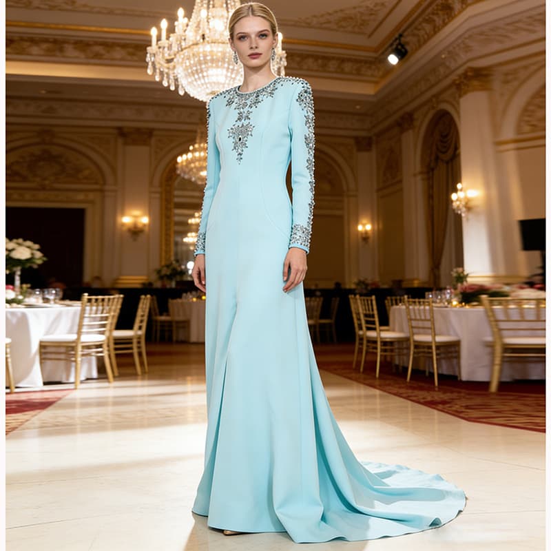 Quality spot host evening dress 2026 star series heavy beading and diamond front slit small tail long skirt
