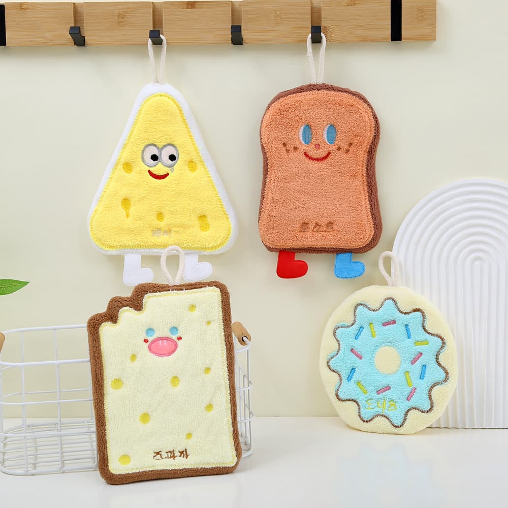Cute Cartoon Toast Cheese Hand Towel, New Hanging Handkerchief Cookie Biscuit Wipe Thick Coral Fleece