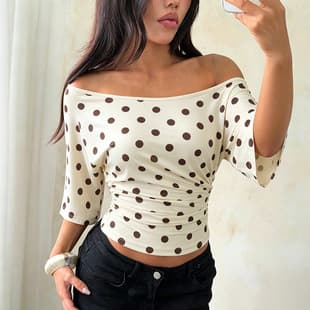 MX26008 Cross-Border Polka Dot Off-Shoulder T-Shirt, Short Sleeve, Pleated, Slimming, Cropped Top for Women