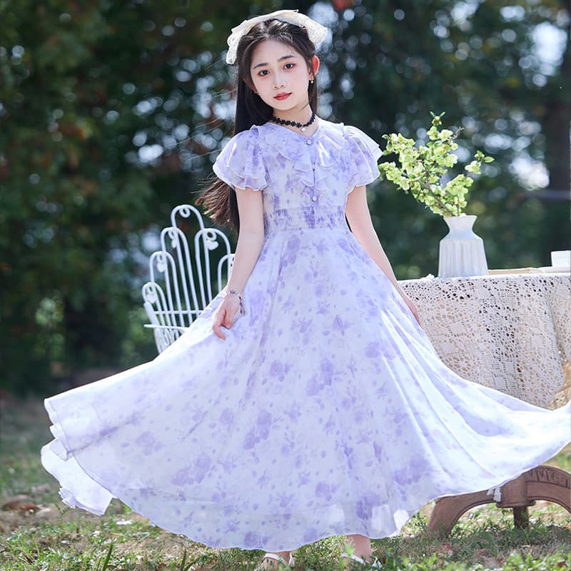Girls Summer Dress Purple Chiffon Floral Print Dress for Older Kids Thin Stylish Little Girl Beach Maxi Dress