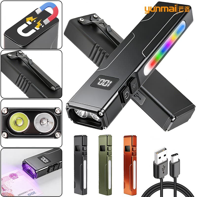 Amazon's new product RGB colorful strong light flashlight aluminum light cup super bright EDC flat with magnet UV purple light flashlight
