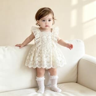 Baby Newborn 100 Days Celebration Sweet Lace Romper, Girl's 3D Floral Dress, Infant Party Outfit