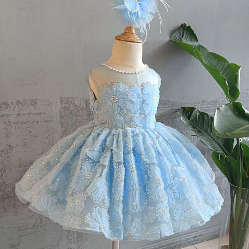 Girls' Blue Super Fairy Punk Dress Piano Performance Costume Children's Host Flower Girl Princess Dress Summer