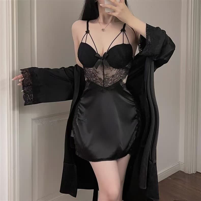 Plus Size Sexy Sheer Lace Sleepwear Set with Built-in Bra, Steel Ring, Satin Lingerie for Women