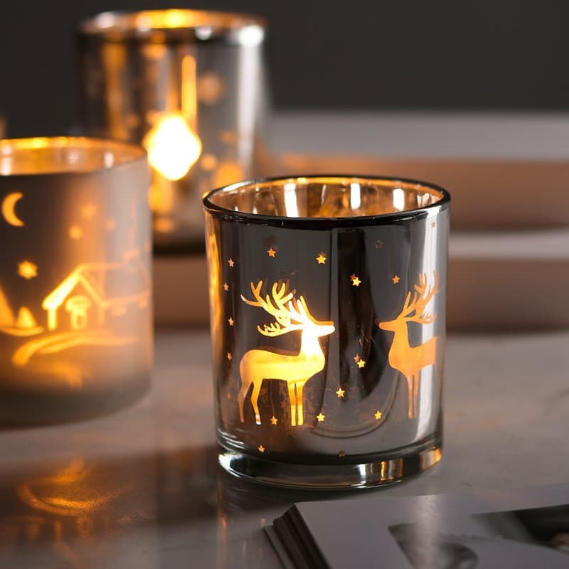 Silver Plated Glass Christmas Candle Cup Deer Design Candlestick Holder Factory Direct Sale Home Decorative Accessories