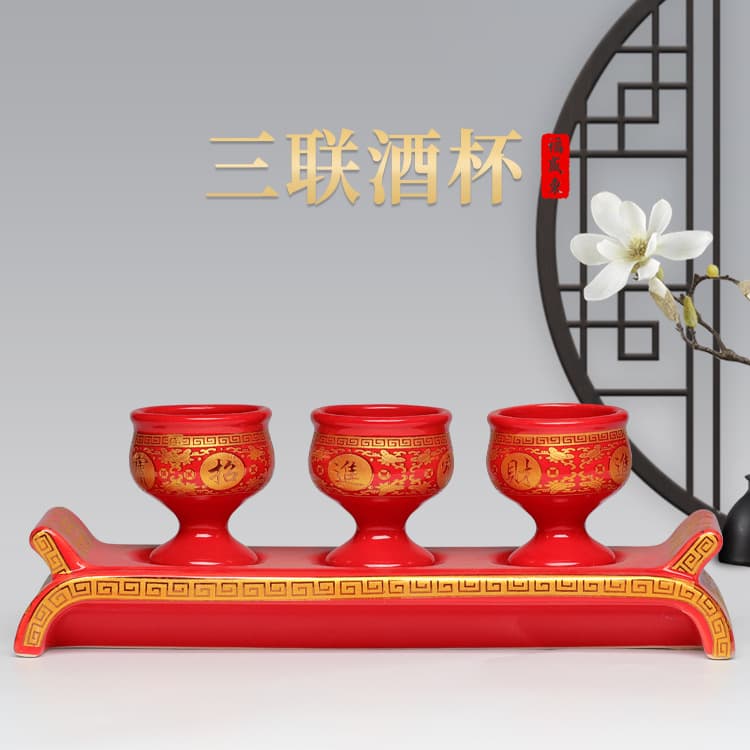 Triple Ceramic Cup Set, Multi-Platform Tea/Water Offering Cups for Buddha & Wealth God Wholesale