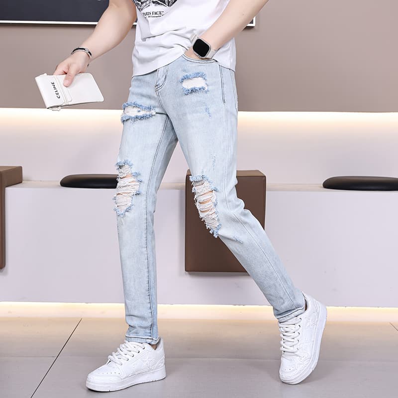 Xintang spring new trendy brand ripped jeans men's slim small straight elastic patch handsome long pants men