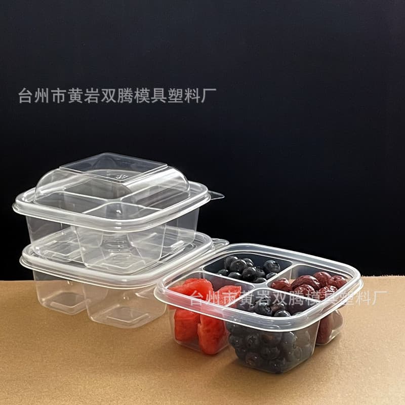 500 Small Four-Compartment Disposable Fruit Box Packing Box Food-Grade Bento Plastic with Lid Fruit Cut Box for Outings