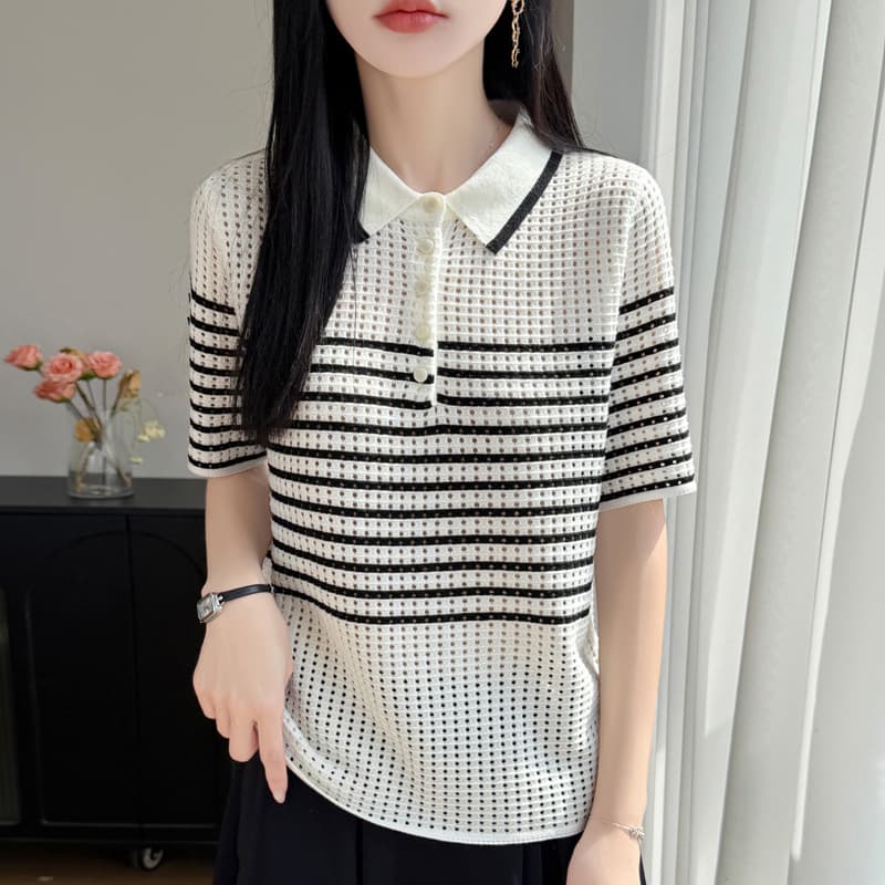 Summer New Turn-Down Collar Striped Short Sleeve Knit Top for Women, Loose High-End Feel T-Shirt, Women's Thin Fabric Blouse