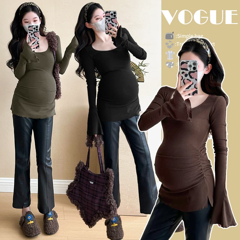 In Stock Real Shot ~ Autumn/Winter Maternity Wear Versatile Slim Fit Square Neck Bell Sleeves Hot Mom Pleated Base Layer