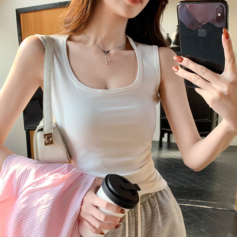 H349 Summer Women's U-Neck Sling Fashionable Sleeveless Vest Sleeveless Vest Breast Cover Slim-Fit Simple All-Match Texturized Pure Cotton T-Shirt