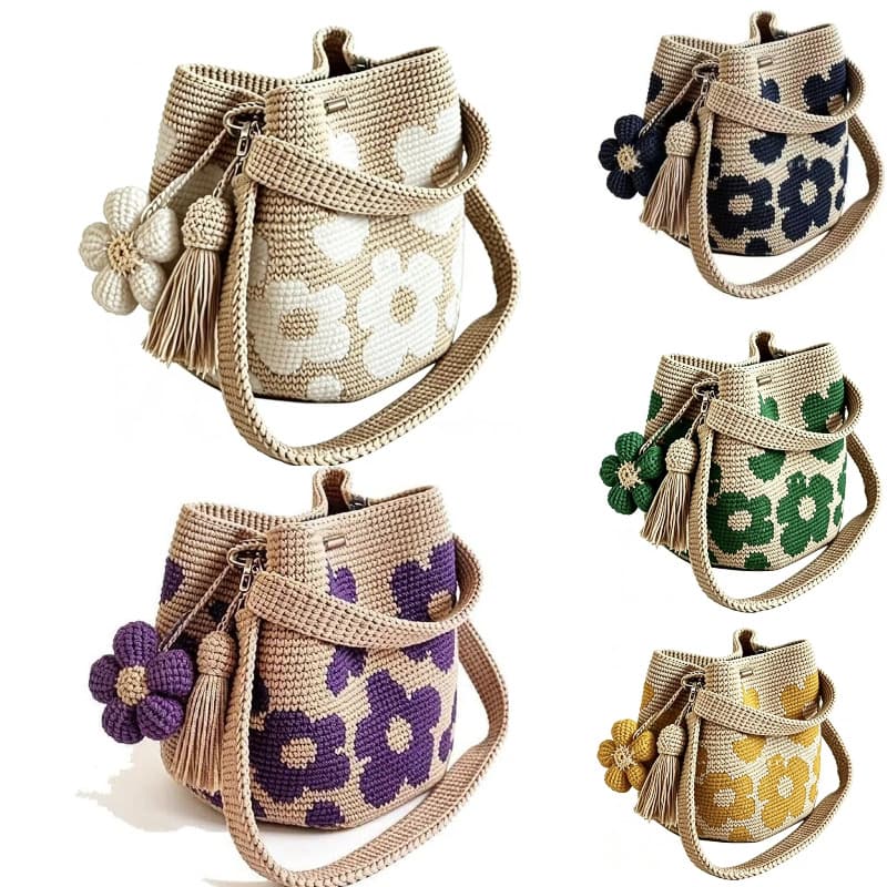Cross-border Hot Selling Handwoven Flower Bag Large Capacity Cotton Crochet Bucket Bag Detachable Flower Tassel Decoration