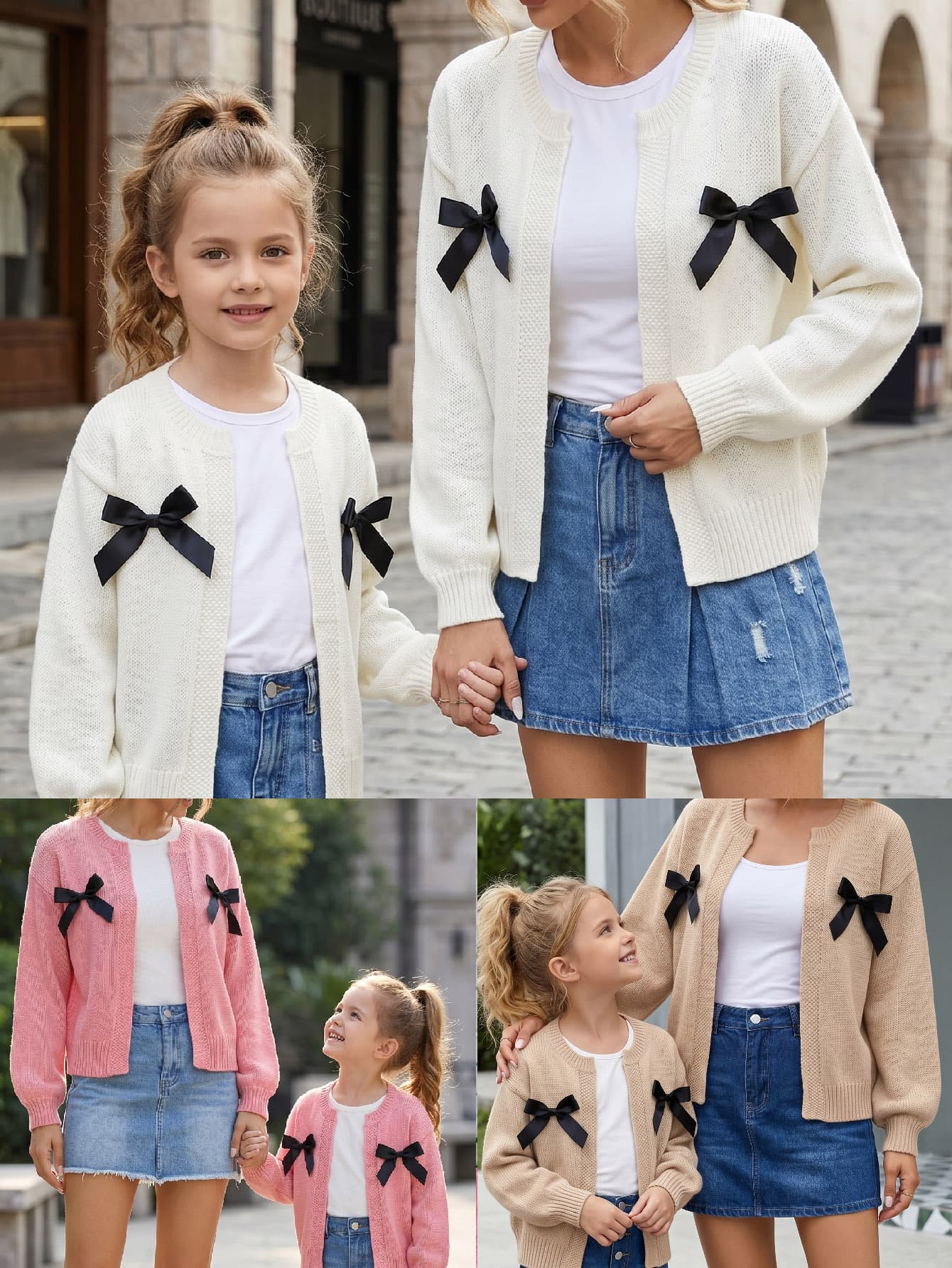 Parent-child clothing knitted cardigan mother-daughter clothing spring and autumn new bow sweater jacket cross-border European and American fashion parent-child clothing