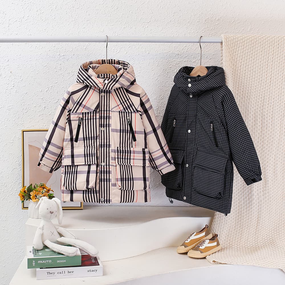 Boys' down jacket mid-length classic plaid hooded plus 90 velvet warm Korean style winter style new jacket