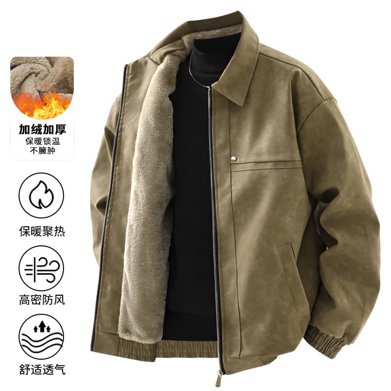 Winter Fleece Lined American Retro Lapel Leather Jacket Coat Mallard Men Rogue Handsome Spring/Autumn Jacket Fleece Lined Thickened