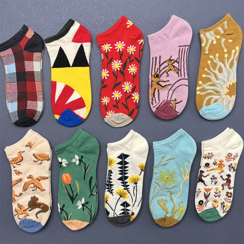 BM French Niche Light Luxury Pure Cotton Socks, Oil Painting Women's Art Ins Summer Thin Invisible Boat Socks Versatile