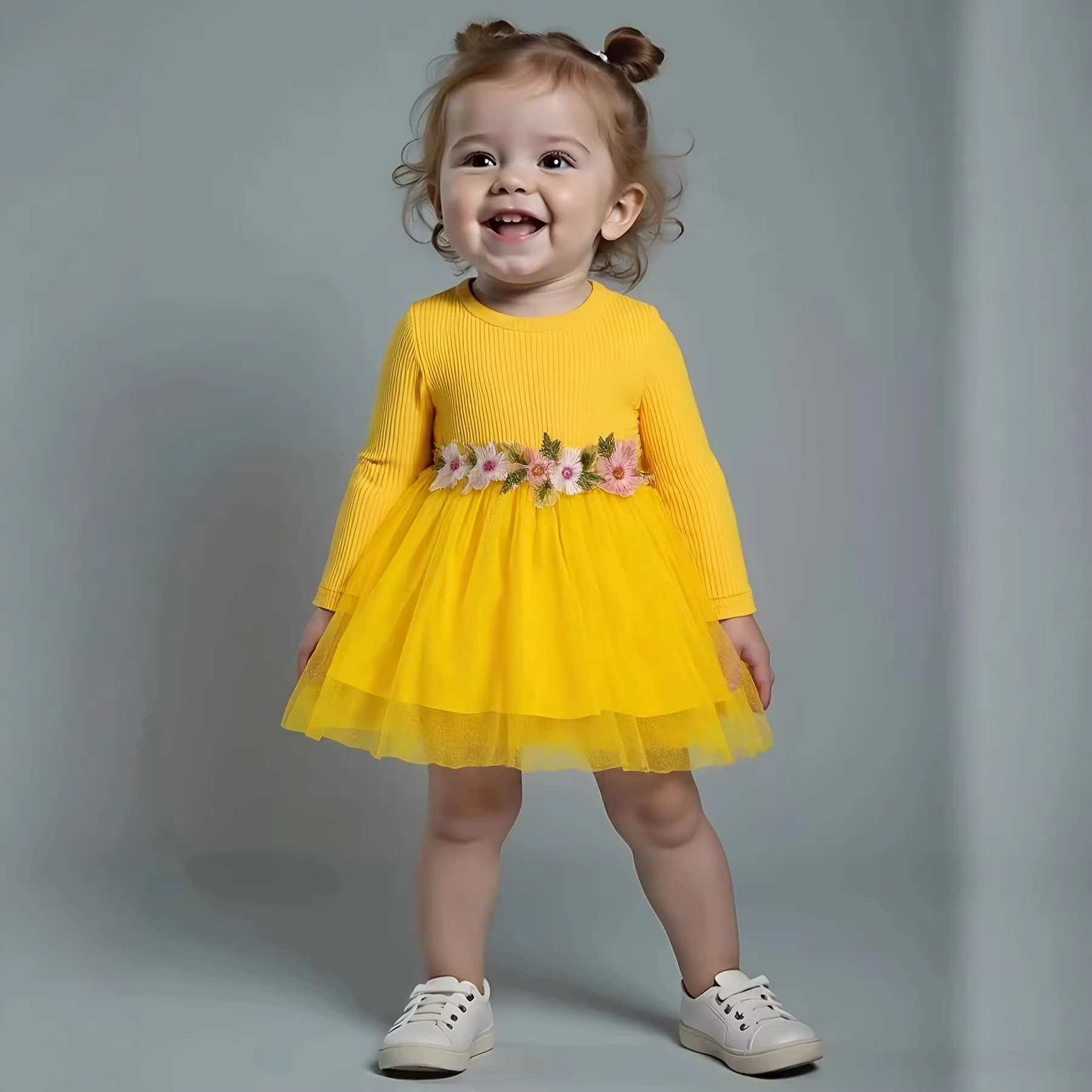 Korean-style Girls Long Sleeve Mesh Dress Yellow Ribbed Knit Dress 3D Floral Waist Decoration Baby Toddler First Birthday