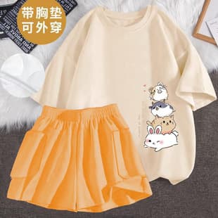 Pure Cotton Women's Pajama Set Summer with Built-in Bra Short Sleeve Shorts Cartoon New Wearable Outdoors Loungewear