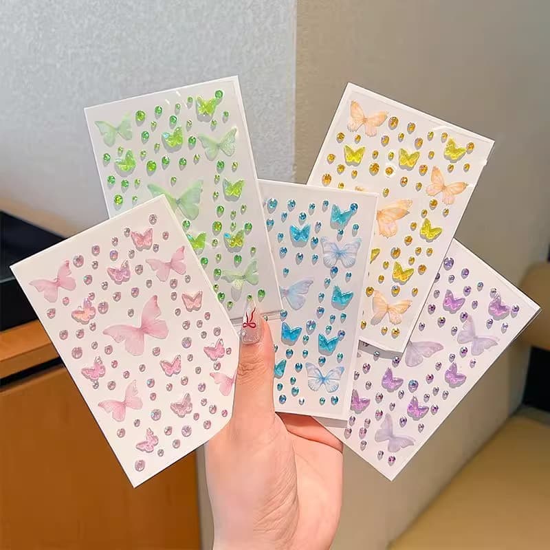 Trendy Eye Makeup Tulle Butterfly Face Stickers for Kids Performance Stage Makeup Fairy 3D Face Decals Rhinestone Concert