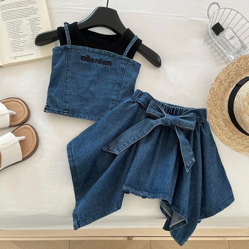 Girls denim suspender suit skirt thin section 2026 summer new fashion vest irregular skirt pants three-piece set trendy