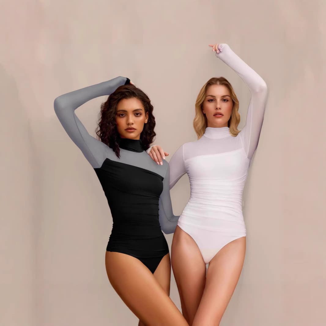 2025 Amazon new style solid color round neck elastic mesh splicing see-through long sleeve semi-high neck sexy casual slim fit.
