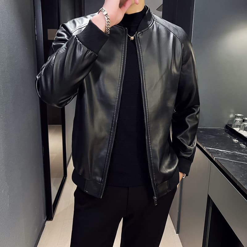 Men's New Korean Style Slim Fit Trendy Youth Casual Baseball Collar Soft Leather Jacket Washed Leather Coat