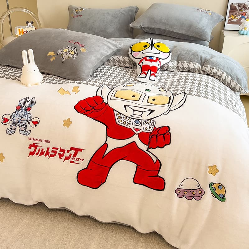 Ultraman Double-Sided Thickened Milk Velvet Bedding 4-Piece Set, Children's Coral Flannel Bedding, Fitted Sheet, Flat Sheet, Pillowcase