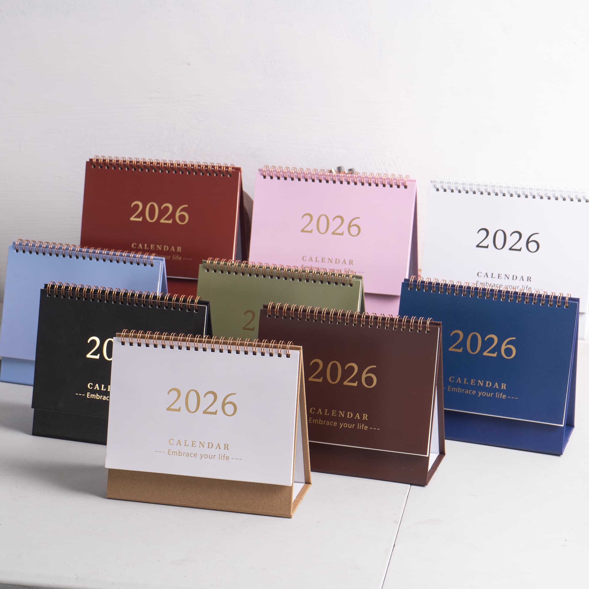 New 2026 minimalist fresh creative desktop calendar with planning punch-card notebook, English version.