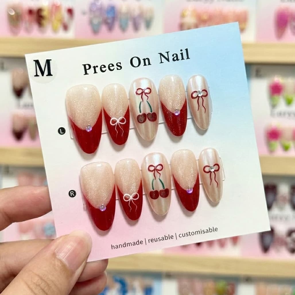 Cross-border Hot-selling Rhinestone Wine Red Cherry Bow Cat Eye Press-on Nails Sweet Cool Fresh Whitening Nail Tips