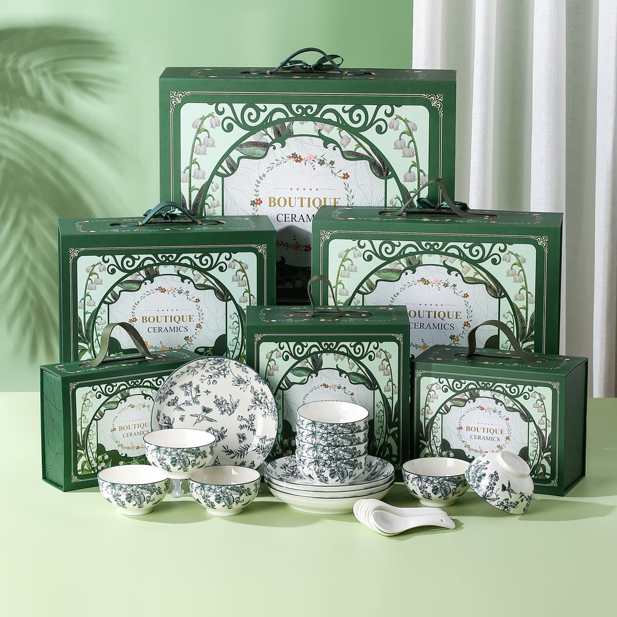 Green Rose Ceramic Dinnerware Set - Home Use Underglaze Bowl and Plate Set - Business Events & Opening Ceremony Gifts - Wholesale