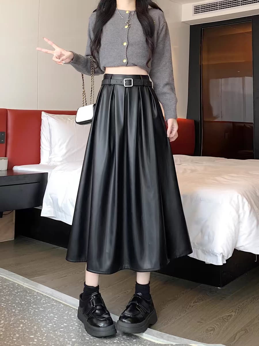 PU Leather Skirt Autumn Winter High Waist Slimming Flowing Pleated Skirt Premium Solid Color Versatile Midi Leather Skirt