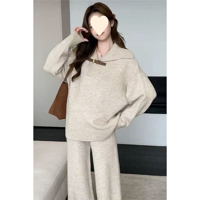 Korean-style relaxed casual sports sweater set for women, new autumn and winter style, loose, soft and versatile knitted two-piece set.