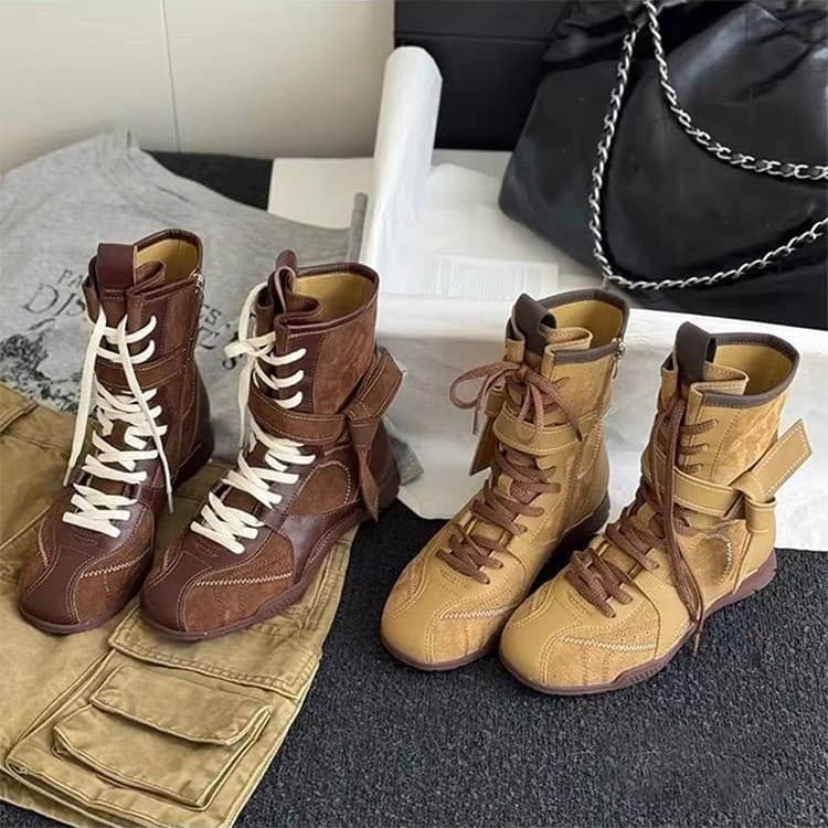 Retro Fashion British Style Lace-Up Thick-Soled Boots for Women 2025 New Summer Style with Skirt Thin Height-Increasing Boots