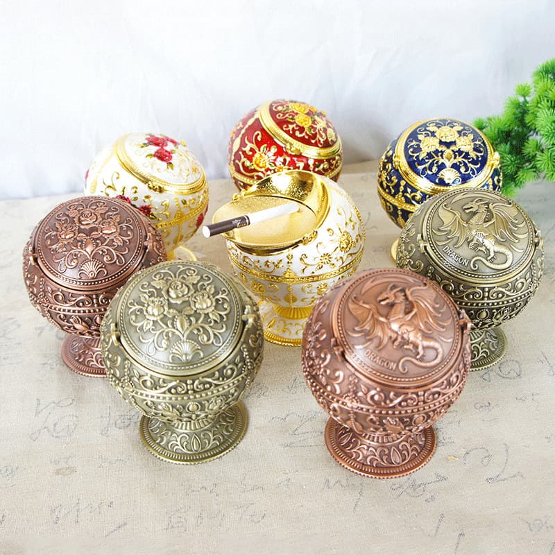 Creative Rose Dragon Lid Ashtray, Antique Green and Red Painted, Home Decoration, Metal Craft, Souvenir