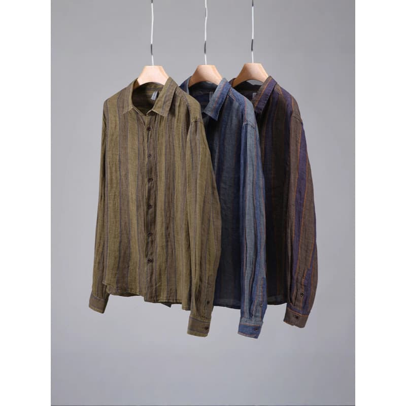 G187 Yarn-Dyed Striped Color-Block Linen Long-Sleeve Men's Shirt Casual Square Collar Retro Linen-Cotton Shirt Men's Fashion