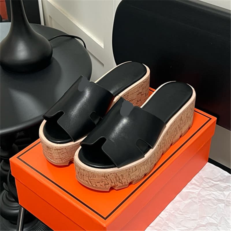 Genuine Leather Wood Grain Thick Sole H Love Home Slippers Women Summer Outdoor Wedge One-Strap Sandals for Petite Height Increase Beach Sandals