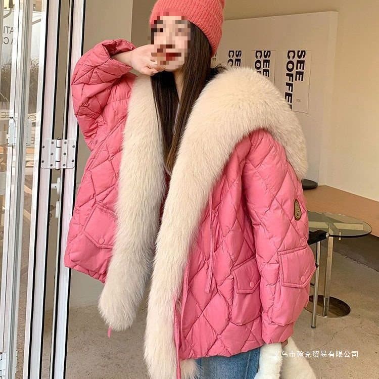 European and American Tuscany Winter New Faux Fox Fur Collar Down Cotton Coat Faux Fur Jacket Warm Mid-Length