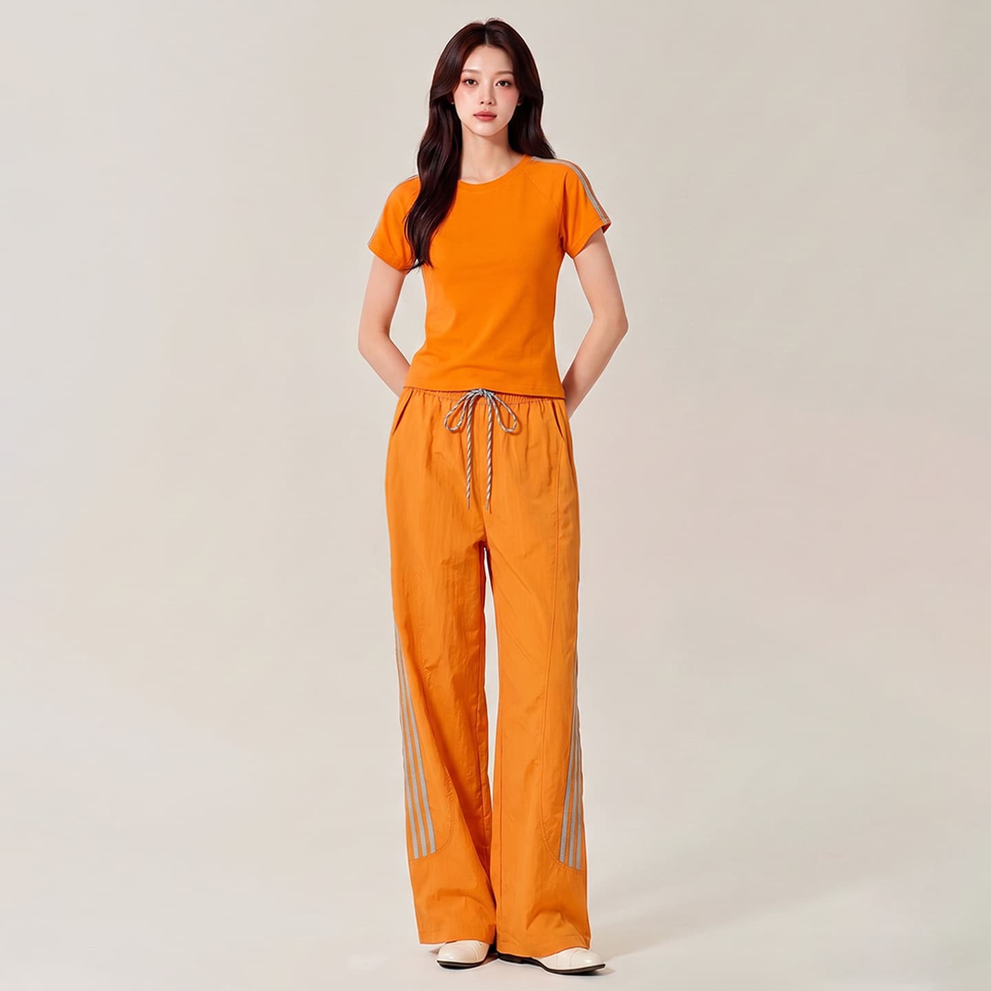 Women's Summer New Trendy Casual Set, Round Neck Short Sleeve Top with Vertical Stripe Patchwork Wide-Leg Pants Two-Piece Set