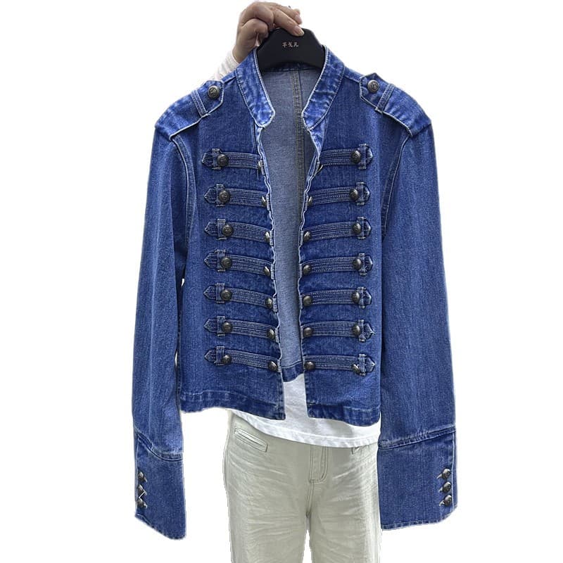 New European Retro Metal Button Denim Short Jacket for Women, Spring/Fall Korean Slim Fit Stand Collar Long Sleeve Coat