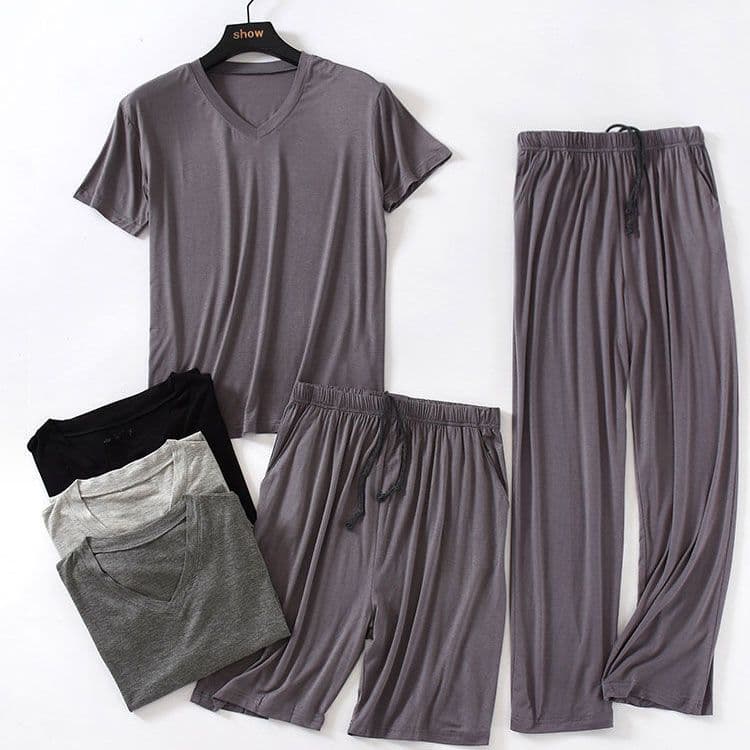 Men's Pajama Set 3-Piece Plus Size Short Sleeve Casual Spring Summer Thin Shorts Two-Piece Long Pants Loungewear Set