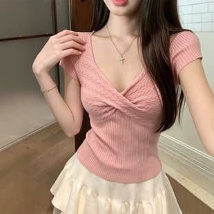 Women's New Top Pink Knitted Short Sleeve T-Shirt Women Half-Ripe Girl Summer Unique Design Short Top