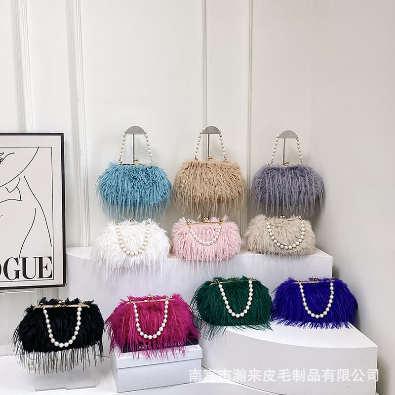 Cross-border INS Imitation Turkey Feather Pearl Chain Portable Crossbody Shoulder Bag Versatile Women's Small Fragrance Style Plush Bag