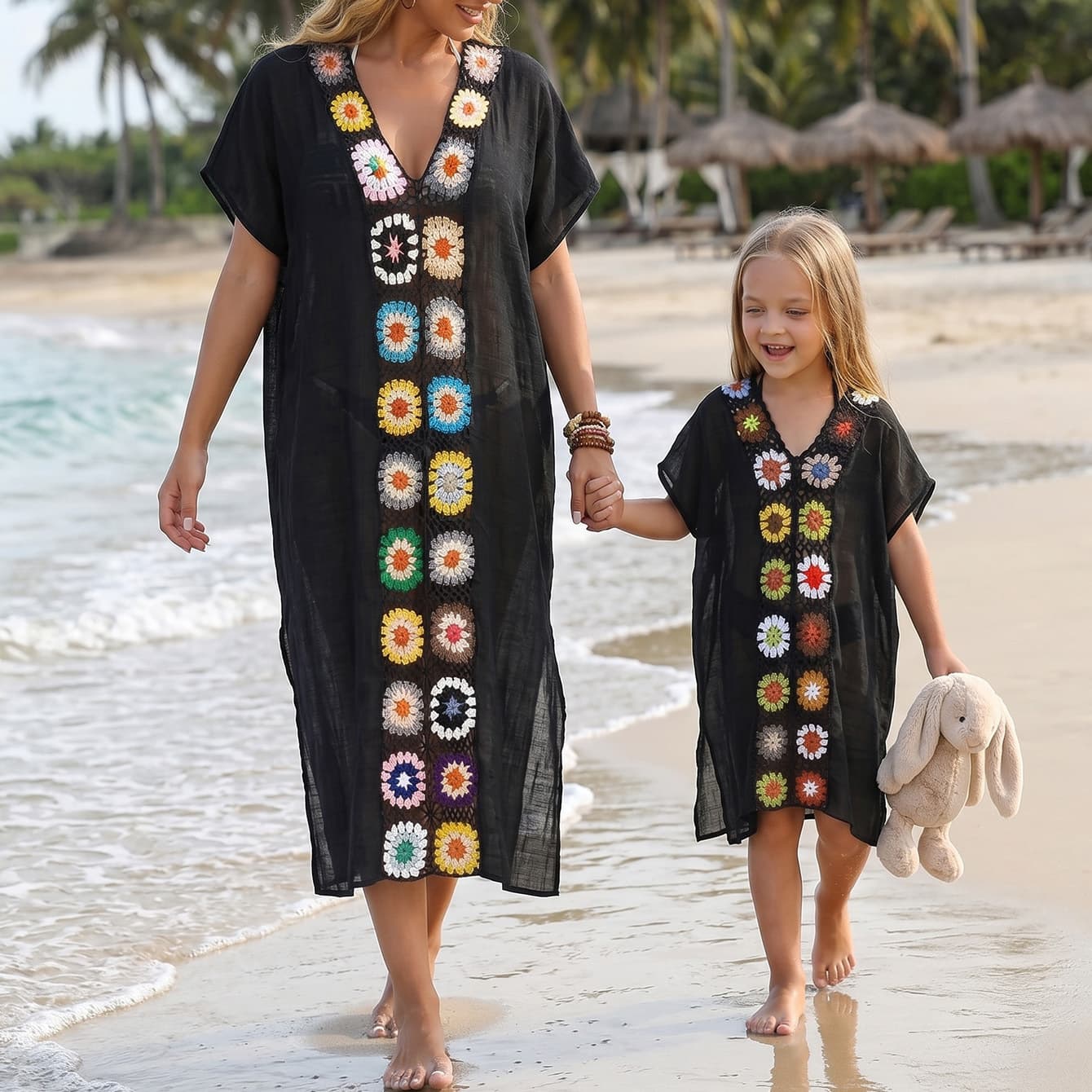 Summer Beach Playwear Dress for Kids and Moms, Cross-Border European and American Style Hand-Hooked Floral Patchwork Beach Cover-Up