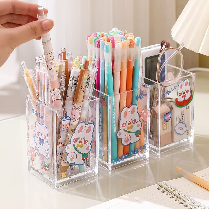 Clear Acrylic Pen Holder Cartoon Girl Stationery Makeup Brush Storage Organizer Box Desktop Cosmetic Container