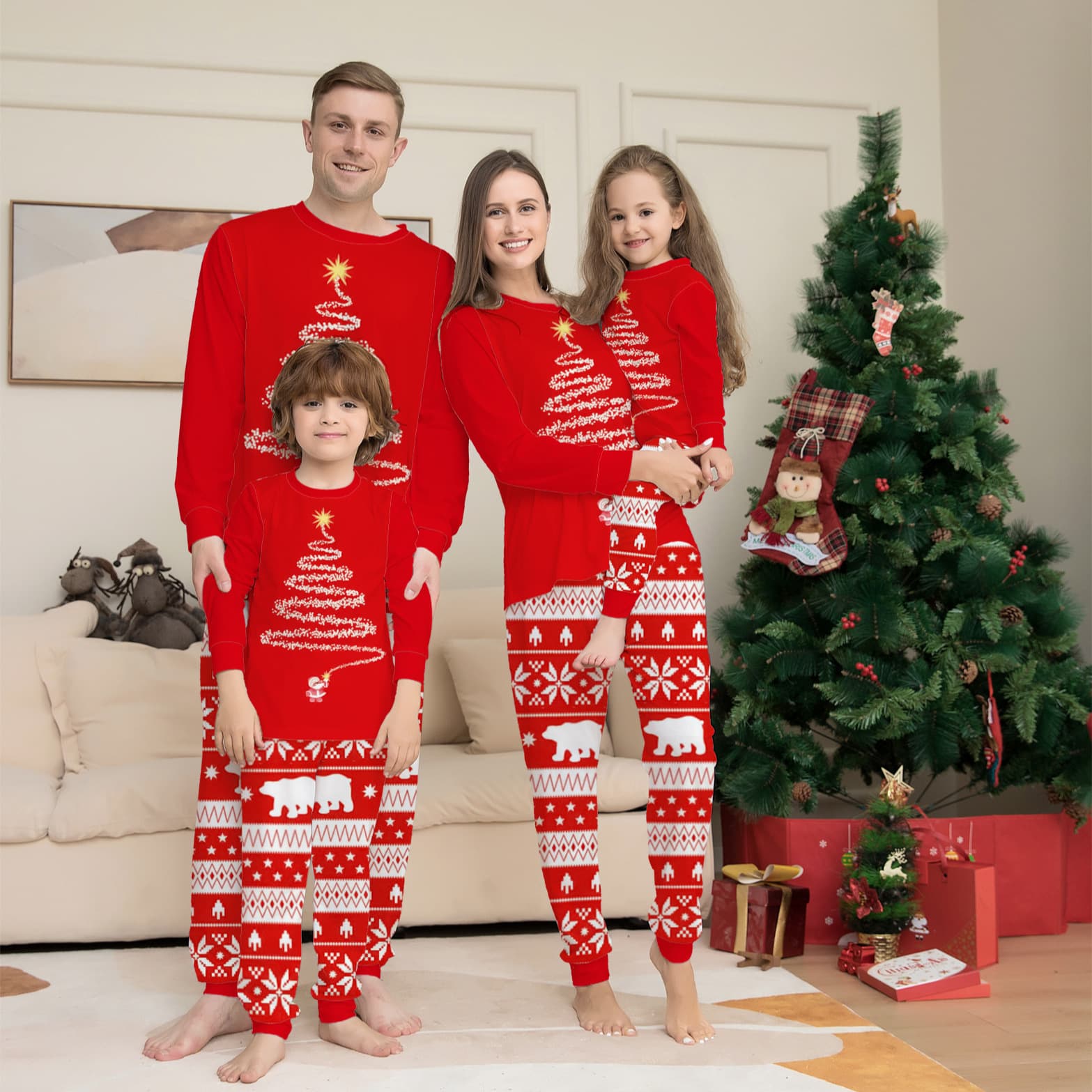 2024 Europe & America Cross-border Amazon Homewear Printed Pajamas Christmas Family Sets Round Neck Long Sleeve Outfits