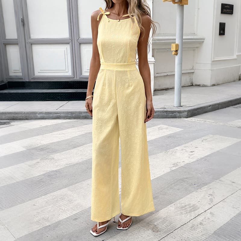 2026 Spring/Summer New Floral Jacquard Sleeveless Strap Jumpsuit Cross-Border Casual Sweet Thin Jumpsuit for Women