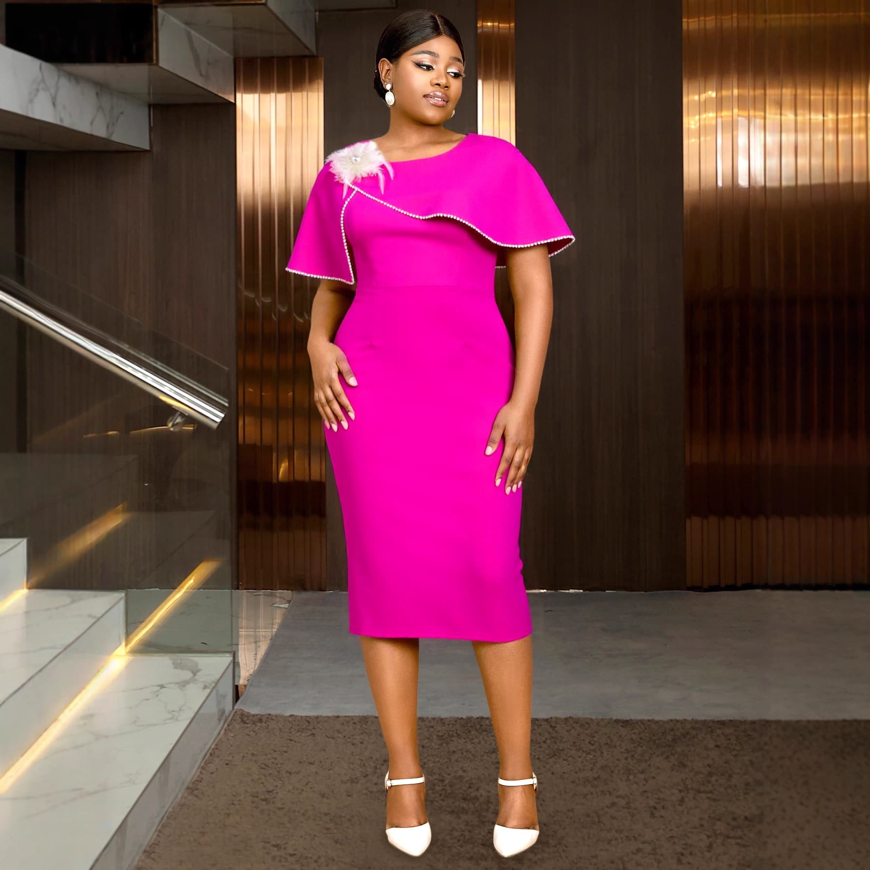 Plus Size Women's Rose Red Ruffle Bodycon Dress with Round Neck Cape Personalized Hip-Hugging Dresses