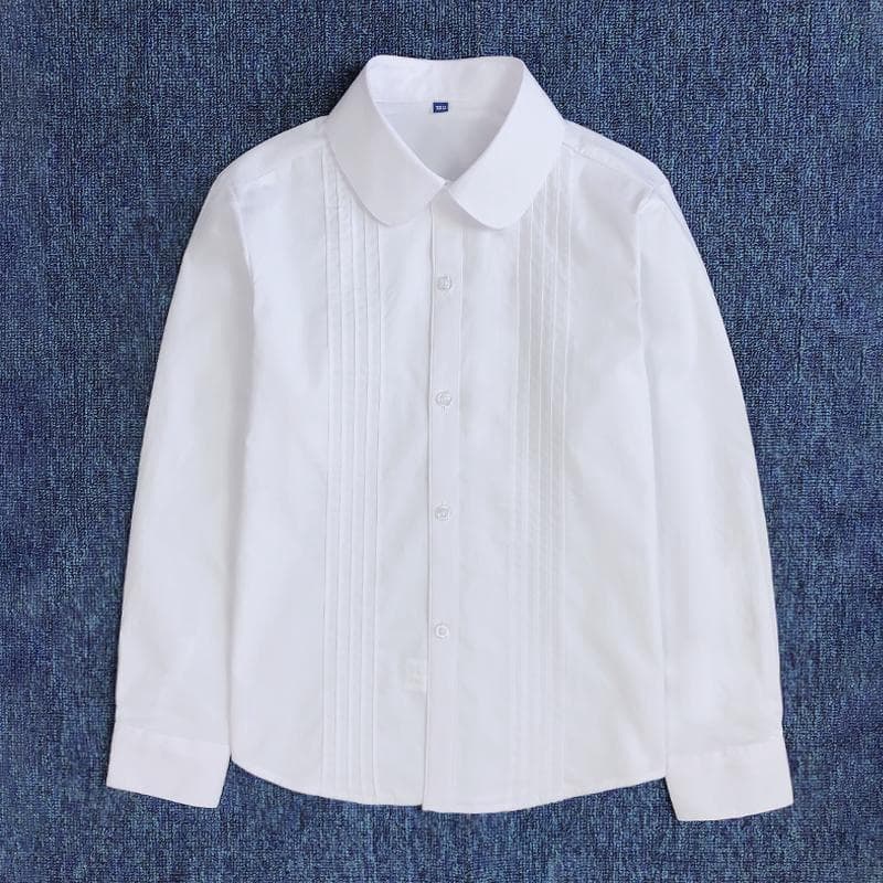 Children's jk shirt short-sleeved white shirt accordion ruffle round lapel top middle and large children student JK uniform white lining
