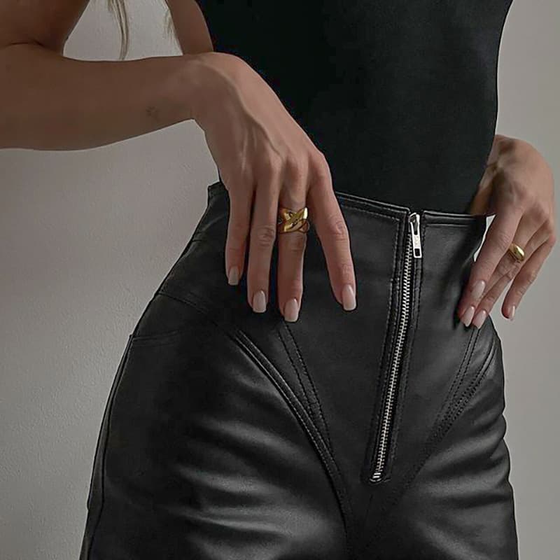 New Style Women's Pu Patchwork Slimming Leggings Zippered Waist Cross-border European American Fashion Trousers